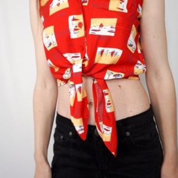 Liz Claiborne Vintage Abstract Red Tie Up Crop Top - Picture 6 of 6